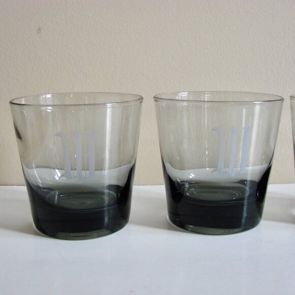 Vintage Set of 4 Bar Glasses Smoke Gray Purple Whiskey Lowball Monogrammed "W" - Picture 3 of 11